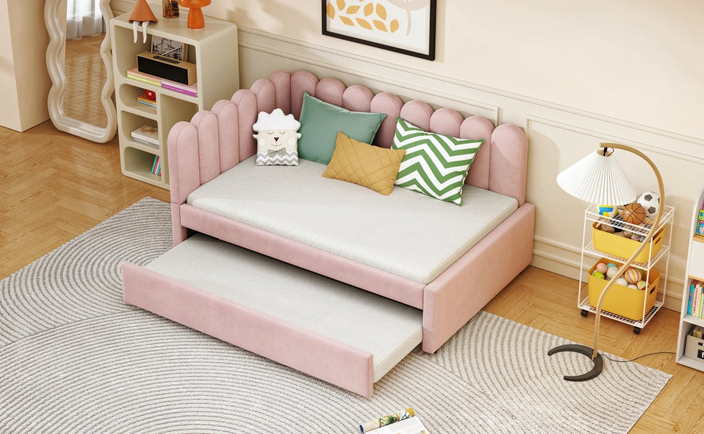 Letto a L con funzione divano letto in velluto rosa 140x200 cm