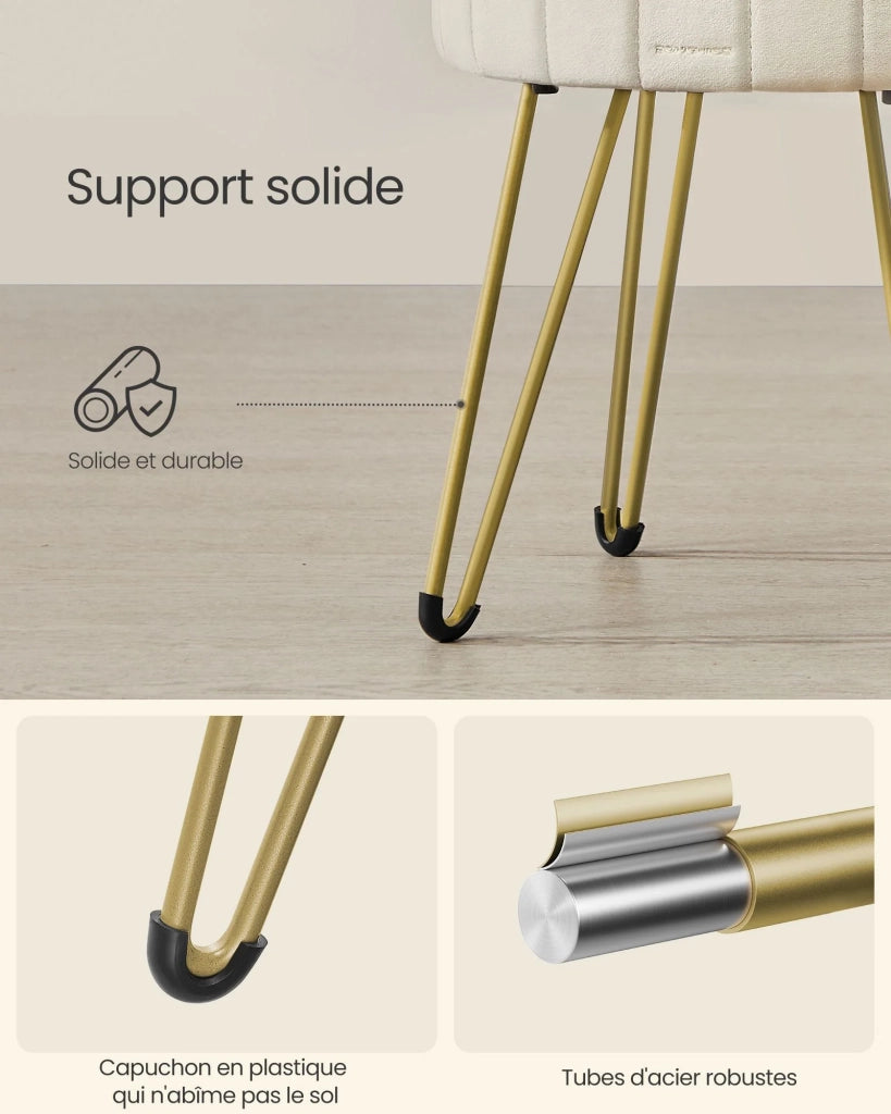 Sgabello rotondo in velluto con vano contenitore diametro 39 cm altezza 444 cm 4 gambe in metallo per cabina armadio soggiorno camera da letto bianco 12_0006167