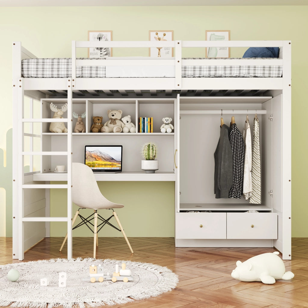 Letto a castello bianco con scrivania contenitore armadio e cassetti in legno 90x200 cm