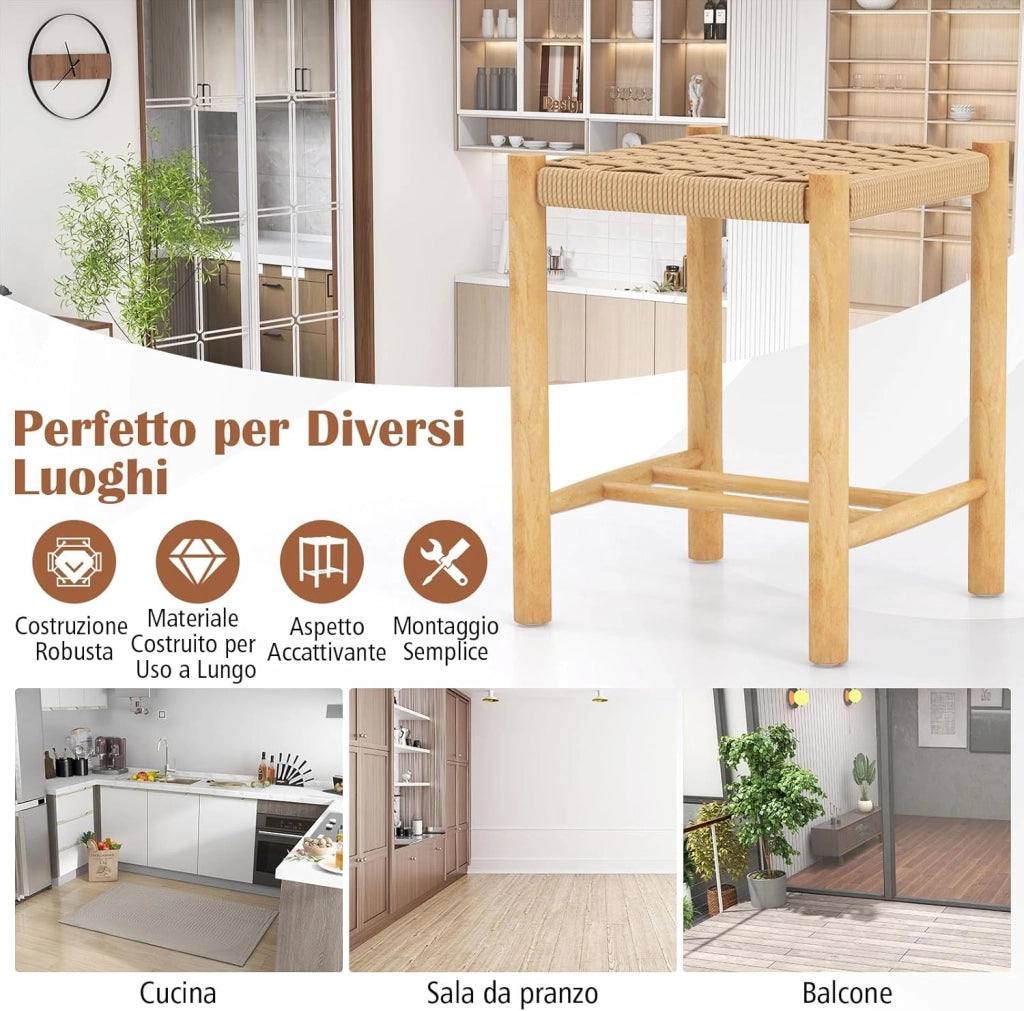 Set di 2 Sgabelli Intrecciata in Carta, Sgaballi Poggipiedi in Legno, Fino a 150 kg, 36 x 36 x 45 cm