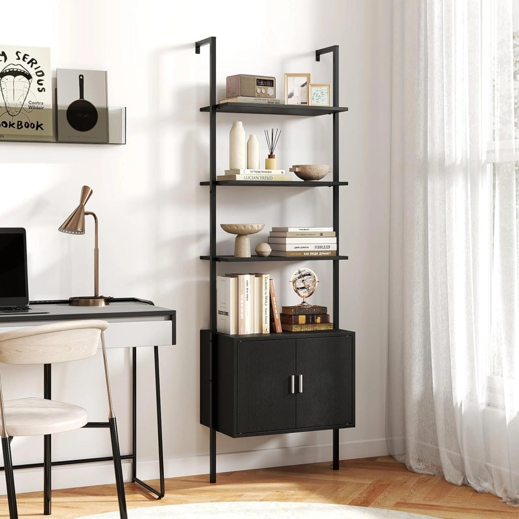 Libreria a 5 livelli con 1 armadio, 60 x 35 x 184 cm, scaffale per soggiorno, casa, ufficio e camera da letto