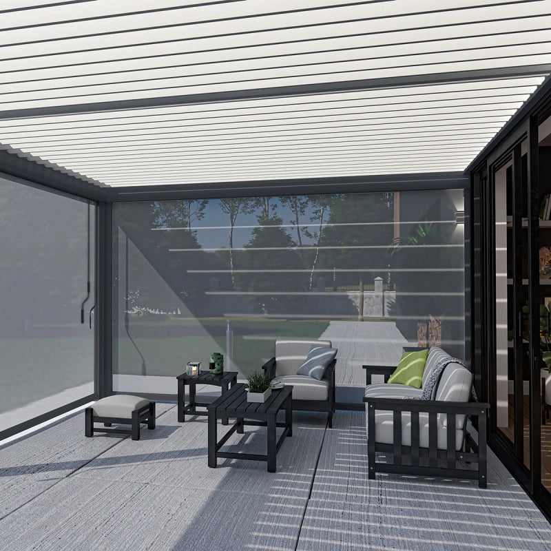 Pergola bioclimatica OmbrÃ©a addossata VS - 4x6M bicolore + 2 tende grigio antracite
