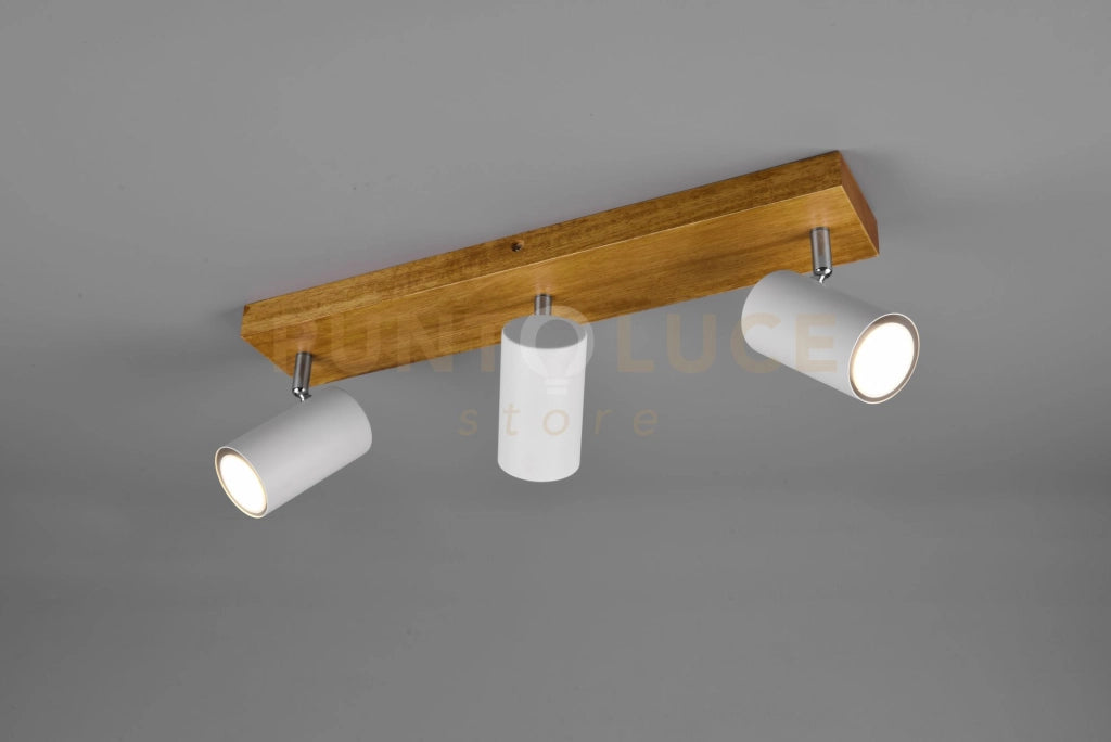 MARLEY BARRA 3 SPOTS CILINDRI BIANCHI BASE LEGNO NATURALE L. 44CM 3 LUCI ATTACCO GU10