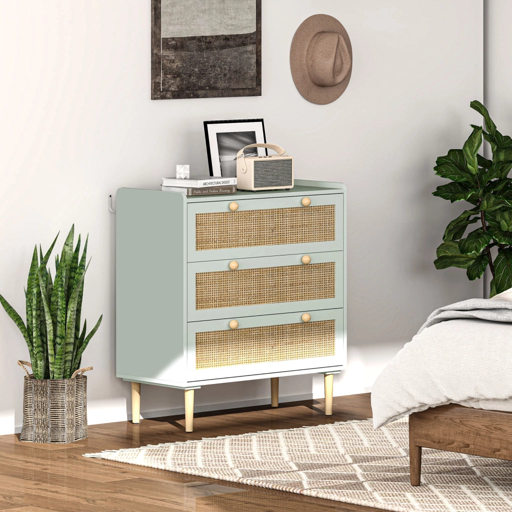 Cassettiera design boheme in rotino con 3 cassetti ¨C zephmum ¨C verde oliva