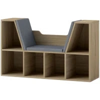 Libreria Panca 2 in 1, Design Contemporaneo, 6 Scomparti, 3 Cuscini Inclusi, 102L x 30l x 61H cm, Rovere e Grigio