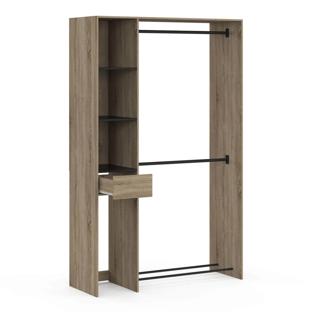 IDMarket - Armadio doppio MIRTY L. 110 cm con ripiani + cassetto + scarpiera, faggio e nero
