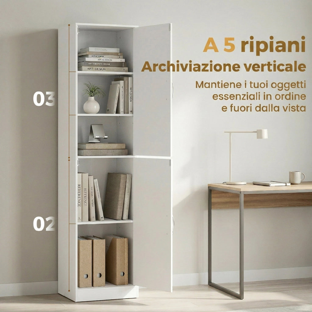 Libreria Alta 180 cm. moderna scaffalatura 5 ripiani regolabili per camera o studio.