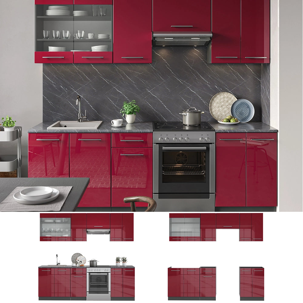 Vicco Armadi da cucina Rosso bordeaux lucido 240 cm senza piano di lavoro