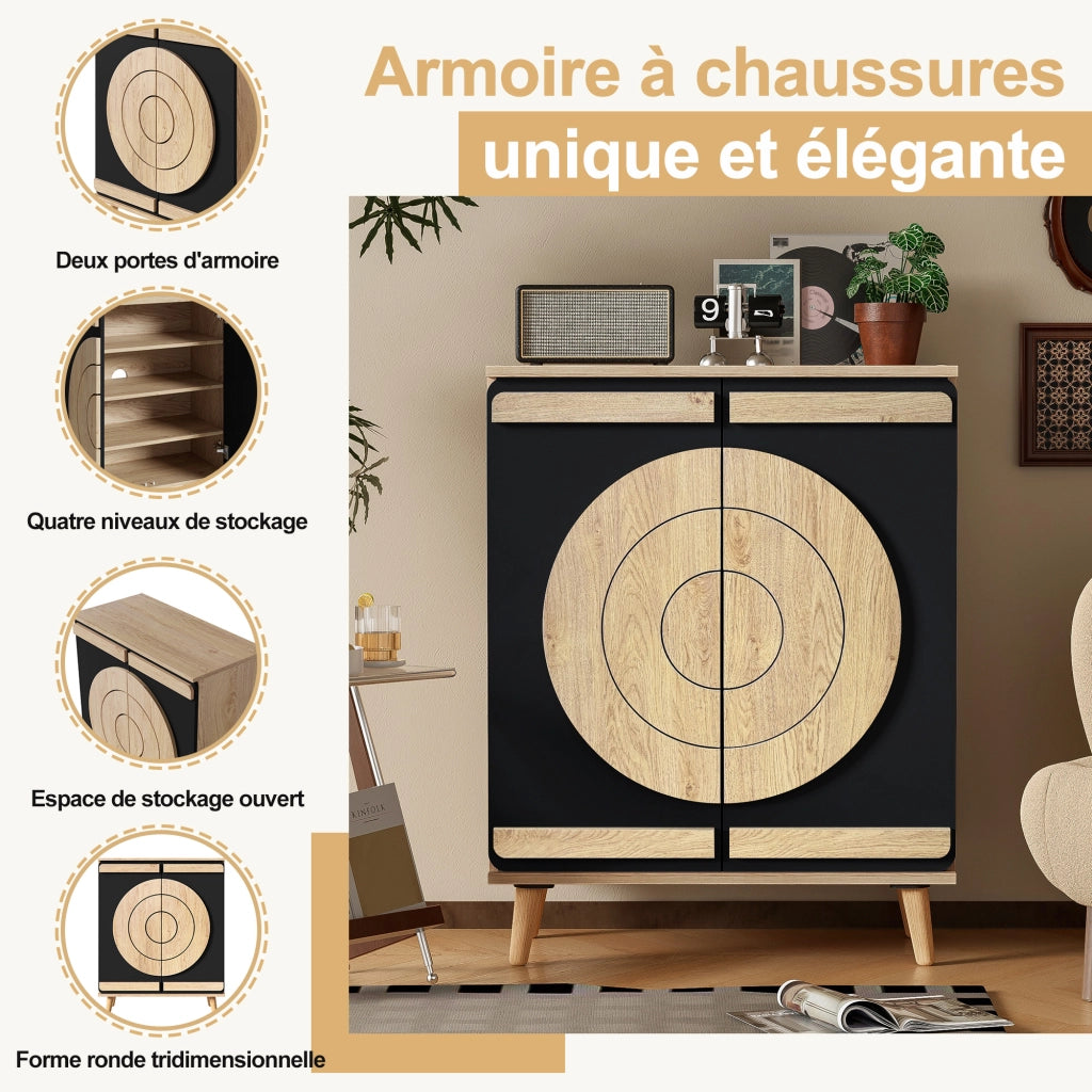 Mobile Scarpiera con 2 Ante Geometriche Rotonde; Ripiani Multilivello; Stile Moderno; in MDF; Nero; 76×37×98;5 cm