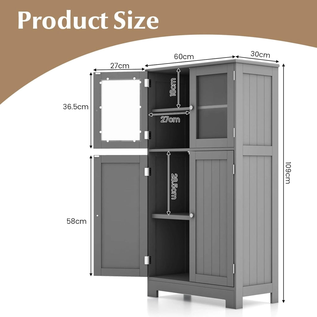Mobile da bagno con 4 porte, ripiano regolabile a 3 livelli, cassettiera in legno per WC, ingresso, soggiorno e cucina, 60 x 30 x 109 cm (grigio)
