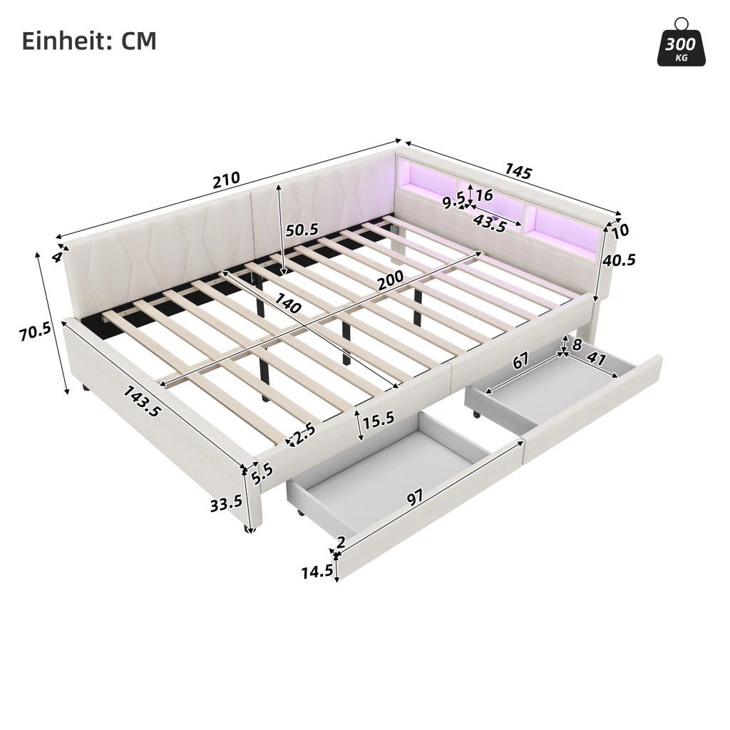 Letto a Divanetto 140x200 cm; USB e Type-C; Luce LED; con Cassetti; in Lino; Beige