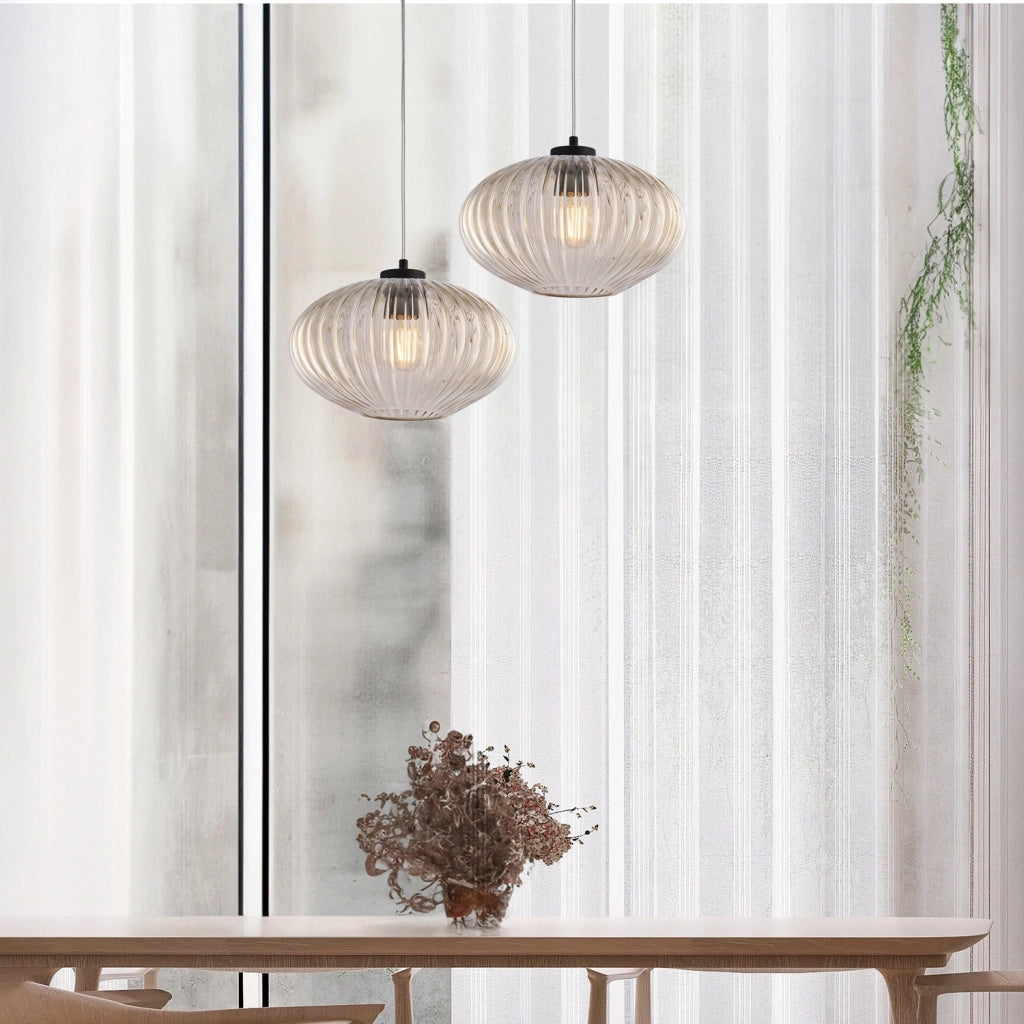 Sospensione 1 Luce Ginger In Ferro Nero E Vetro Ambra Plisse&apos