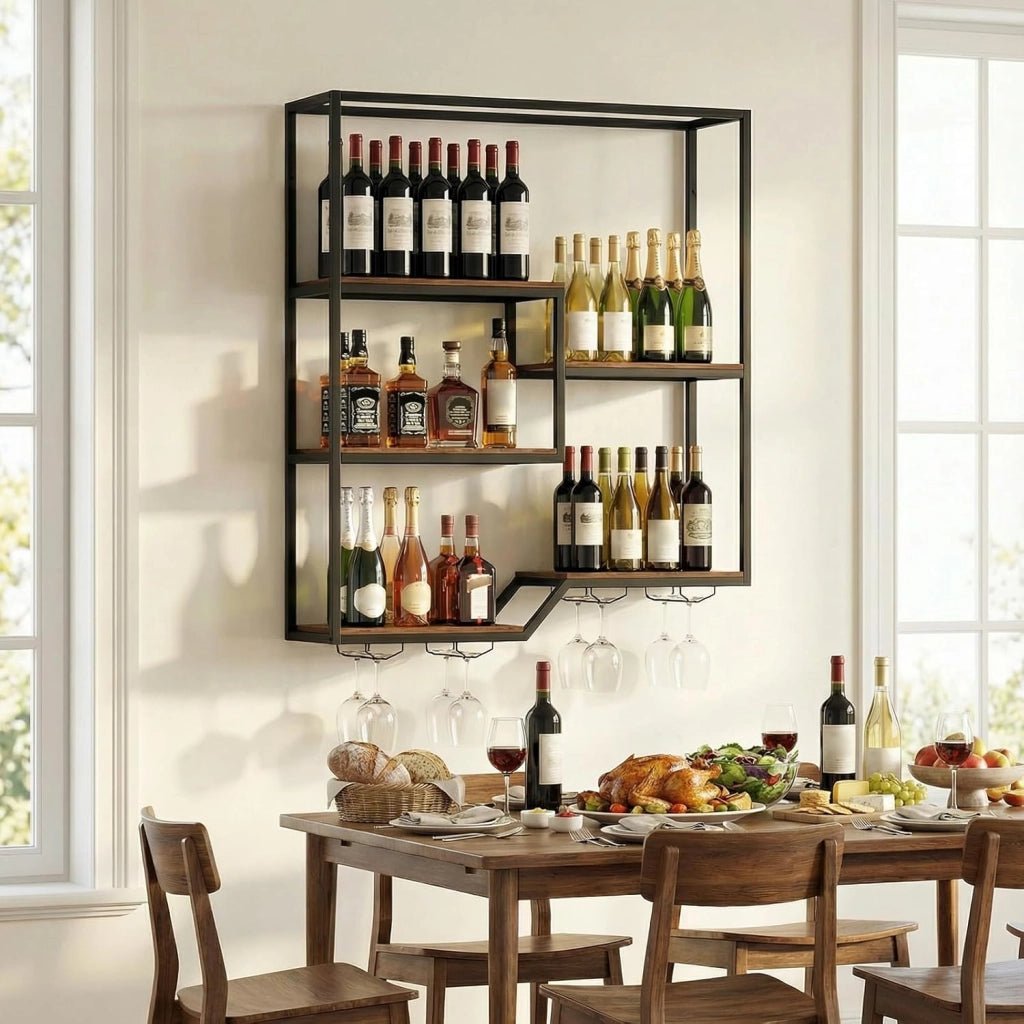 Portabottiglie da Parete, Portabottiglie di Vino Industriale in Metallo e Legno con 6 Mensole a Doppio Lato, Espositore Cantinetta Sospeso per Bar, Cucina e Ristorante, 102 x 30 x 112 cm