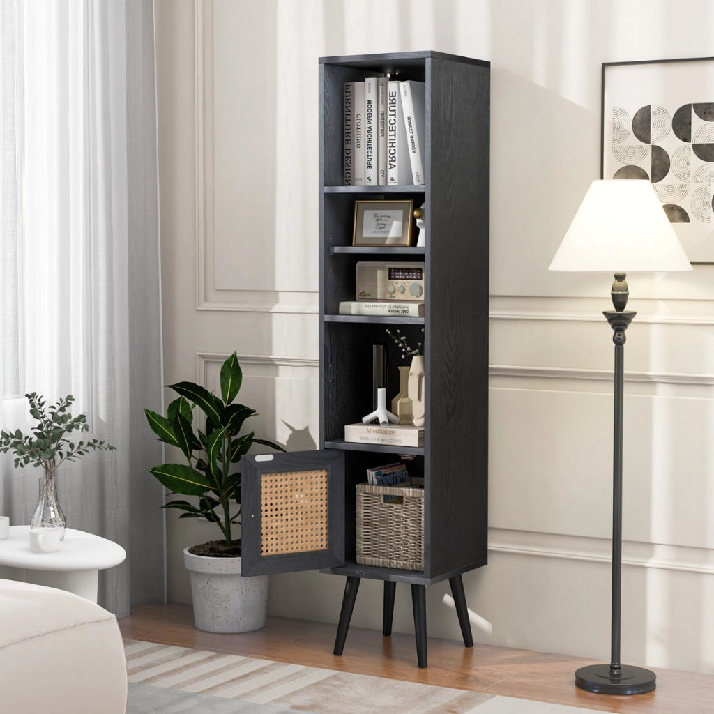 Armadietto boho con porta in rattan gambe in legno massello, Mobile sottile autonomo ripiano regolabile Nero-Librerie