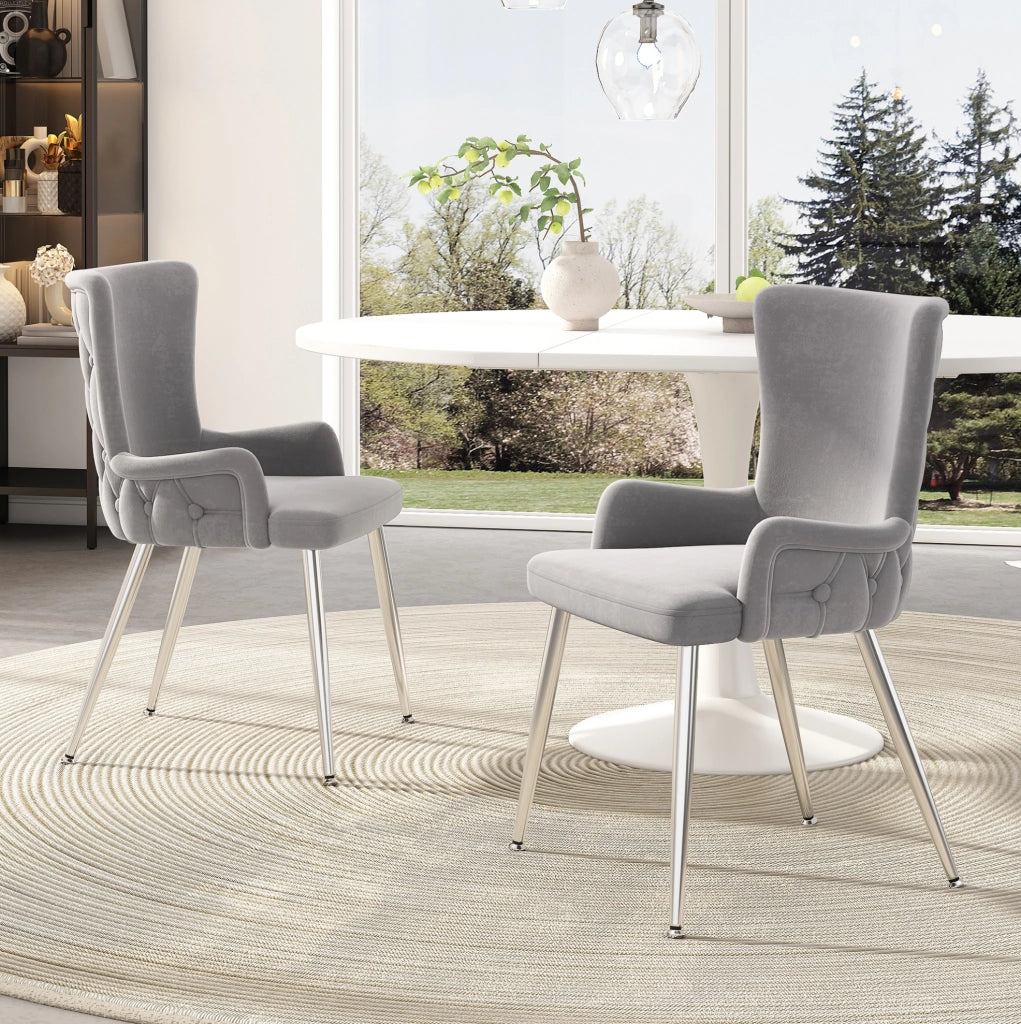 Set di 2 sedie da pranzo in velluto grigio con gambe in metallo argento; stile moderno
