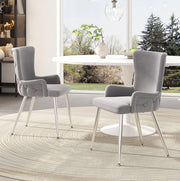 Set di 2 sedie da pranzo in velluto grigio con gambe in metallo argento; stile moderno