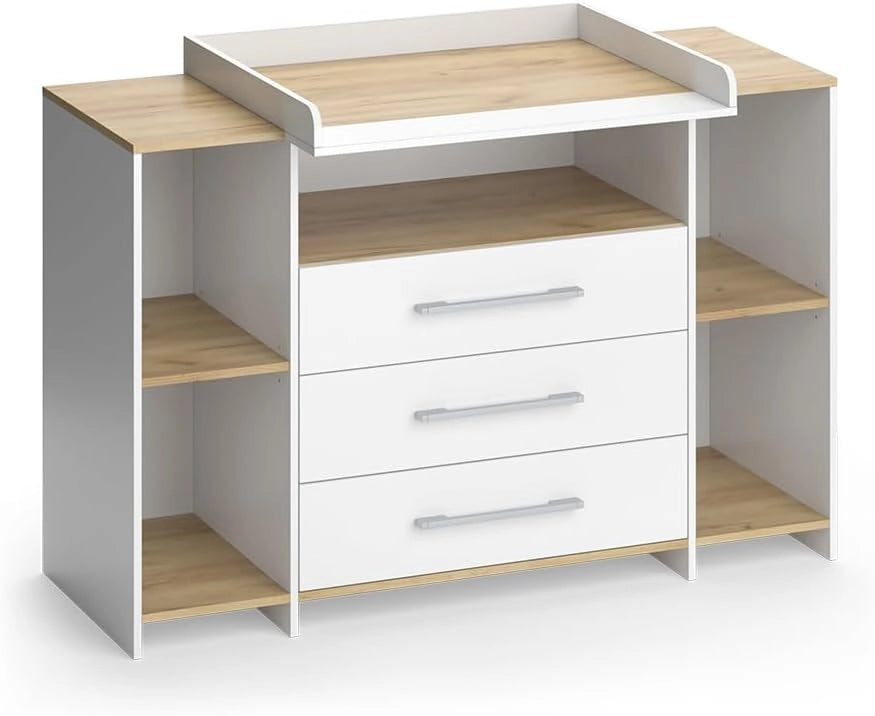 Fasciatoio Oskar, Rovere bianco/dorato, 143.2 x 93 cm con 3 cassetti, adatto come fasciatoio con area di appoggio estensibile