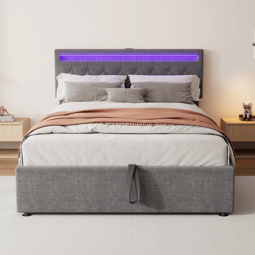 LETTO Imbottito 140x200 cm Grigio con LED, USB e USB-C