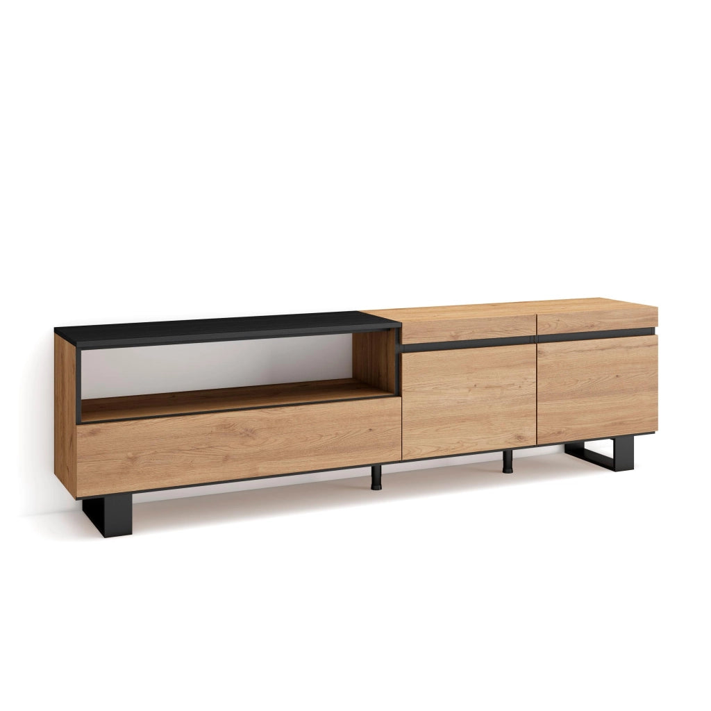 Mobile TV, 200x35x57cm, soggiorno, Per TV fino a 80", Design industriale, colore Rovere e nero RF2143