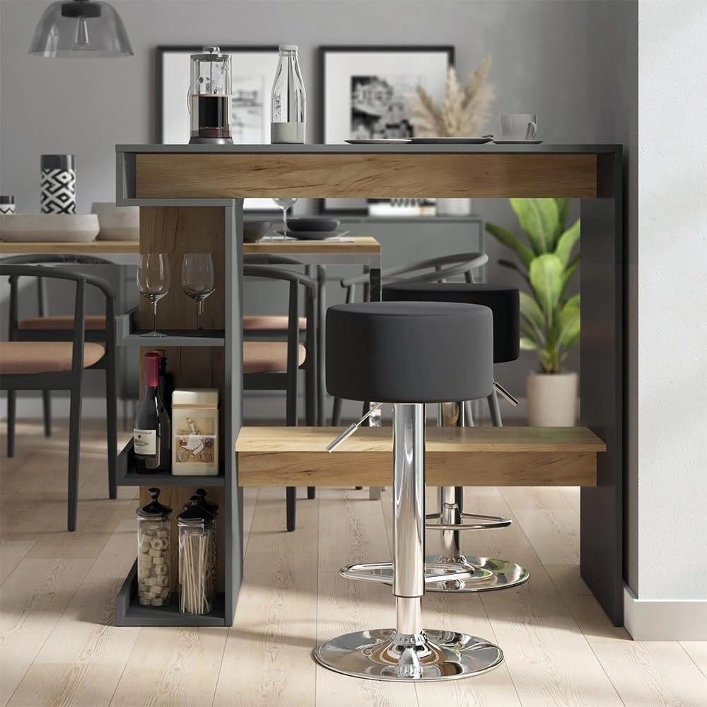 tavolo bar con sgabelli Dana, Antracite/quercia dorata, 108 x 50 cm con 2 sgabelli da bar