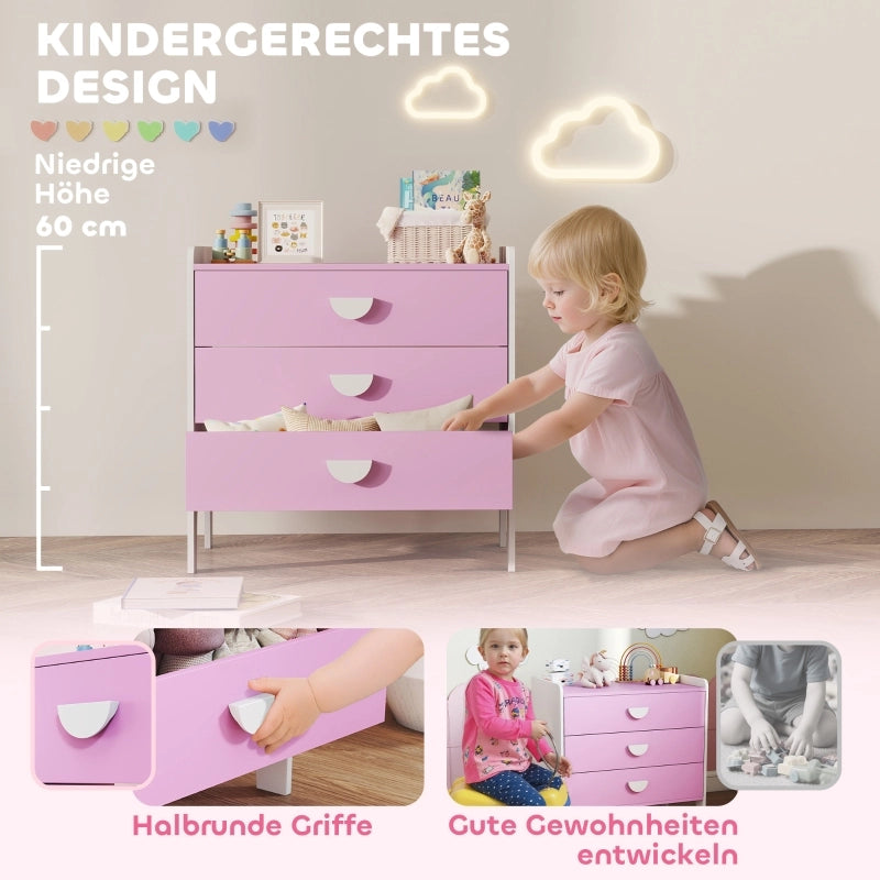 Cassettiera per bambini con 3 cassetti, in MDF, mobile contenitore per bambini, rosa+bianco
