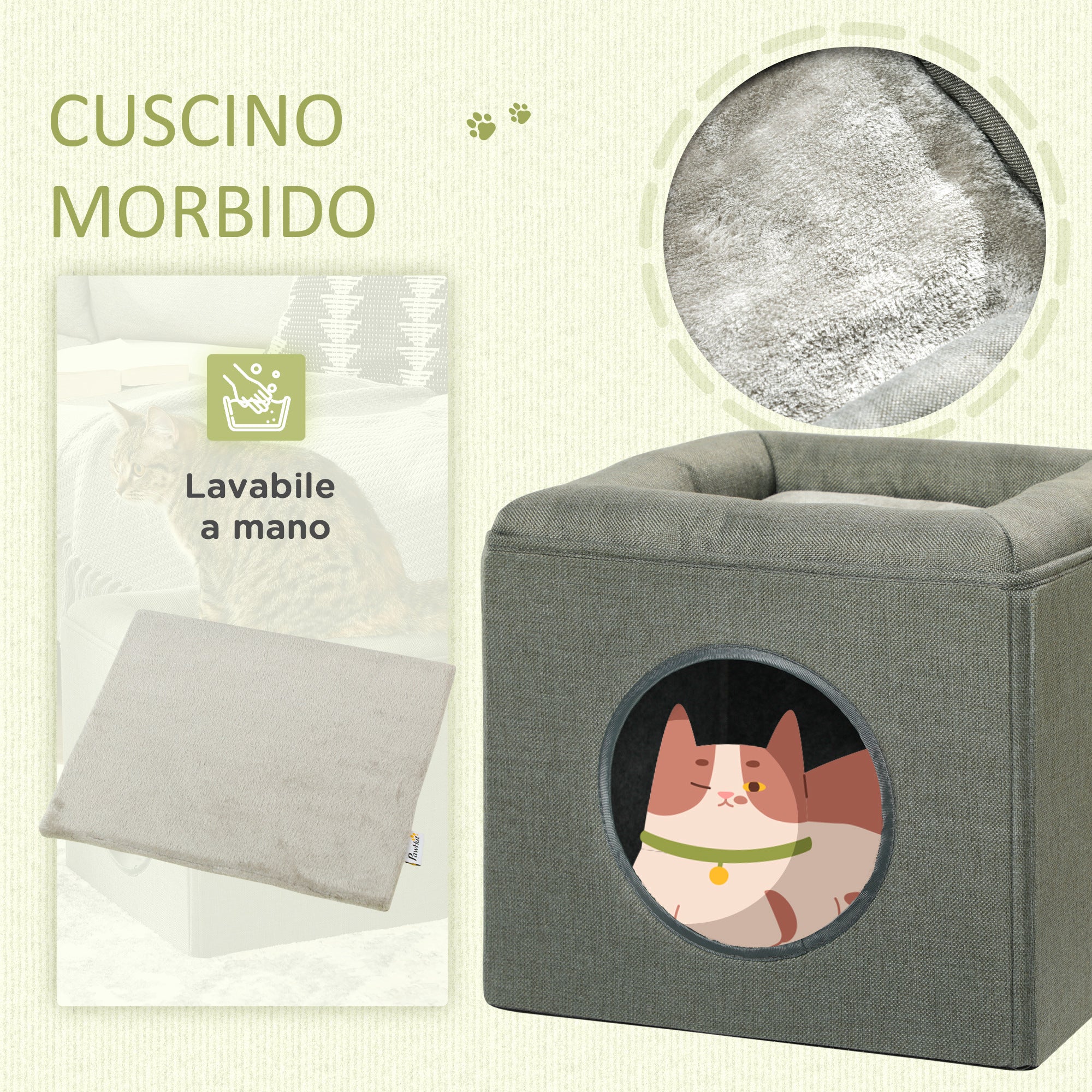 Cuccia a Casetta per Gatti a 2 Livelli 36,5x36,5x33 cm con Cuscino in Peluche in MDF e Poliestere Verde