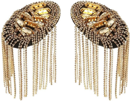 Epaulettoni con strass dorati con frange, 18 cm, decorazione per spalle per costume, cosplay, abito da palco