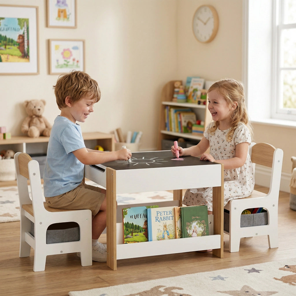 Tavolo per bambini con 2 sedie e piano reversibile ¨C Zephmum ¨C Grigio, Legno, 90x60x70 cm