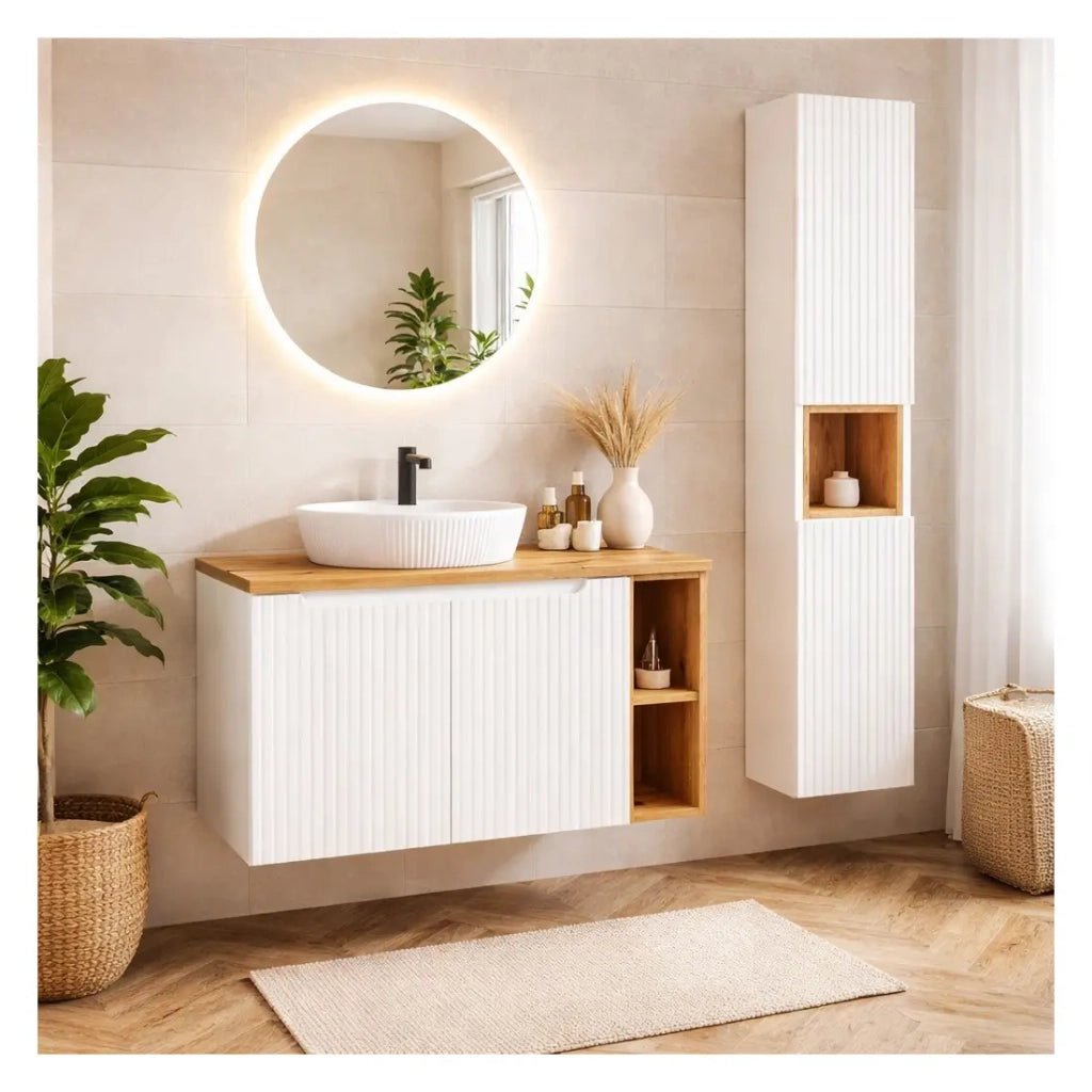 Set VANO bianco 130cm: mobile sottolavabo con armadietti e nicchie a vista + lavabo da appoggio bianco scanalato + colonna
