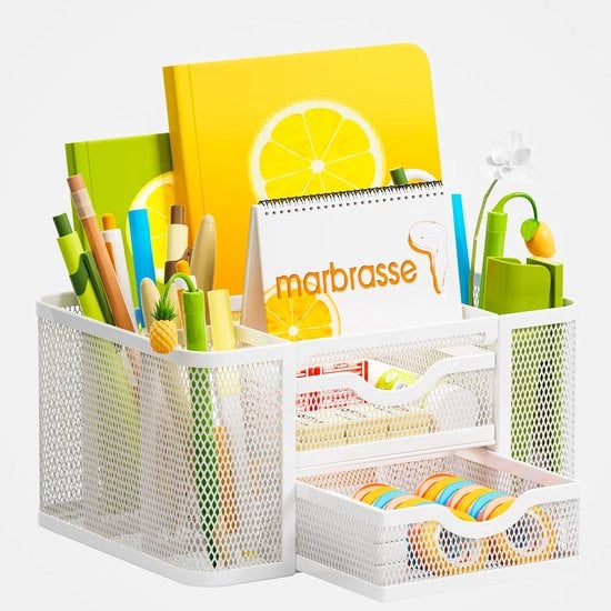 Organizzatore di scrivania a rete, Penne e accessori per scrivania multifunzionali con 2 contenitori, Opzioni di organizzazione per scrivania per uso domestico (Bianco)