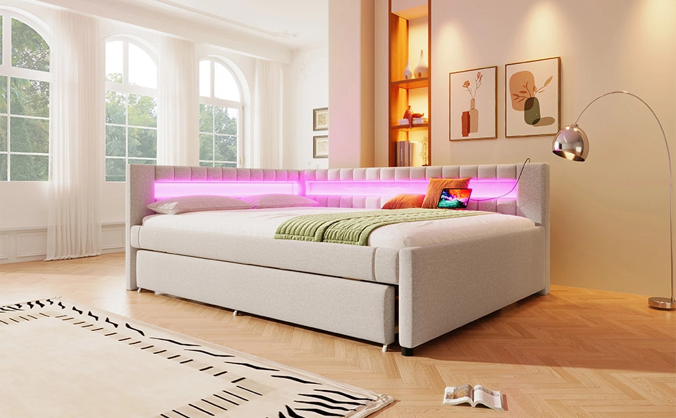 Letto estraibile 140 × 200 cm in lino beige con LED USB e Type-C senza materasso