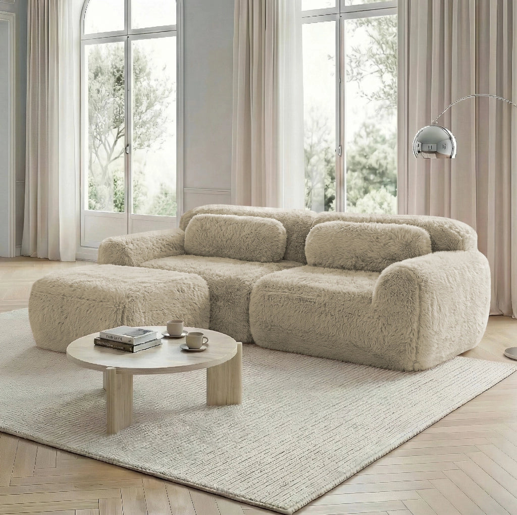 Divano modulare angolare 204x179x73 cm in tessuto plush cachi chiaro; senza montaggio