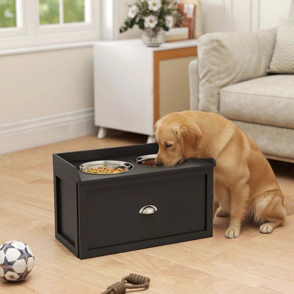 Porta Ciotole per Cani e Gatti con Cassetto ¨C Zephmum ¨C Acciaio Inox MDF Nero