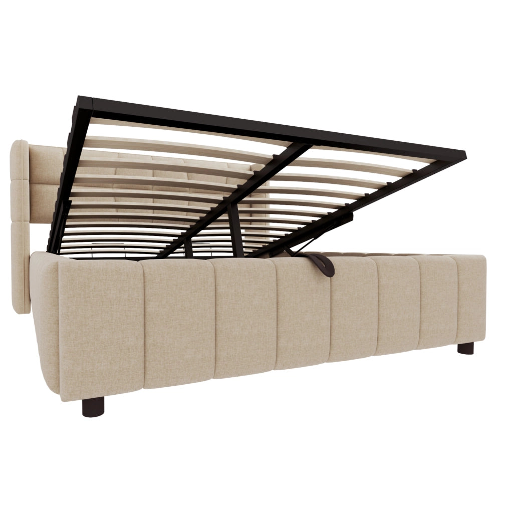 Letto imbottito 140x200 cm con contenitore e rete a doghe; in tessuto beige