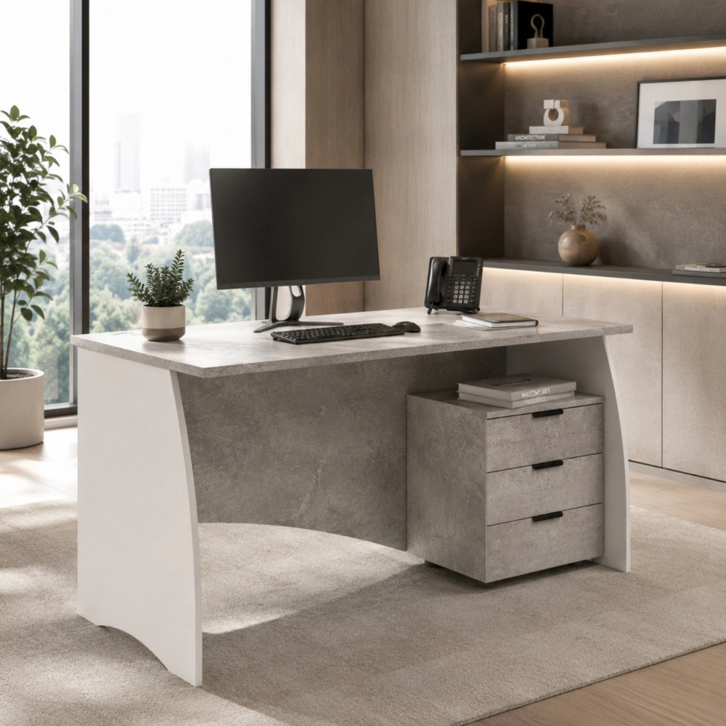 Scrivania Scrittoio Per Studio Con 3 Cassetti Mobile Da Ufficio Soggiorno Sala Da Pranzo 136 X 74 X 67 Cm Bianco E Grigio Cemento