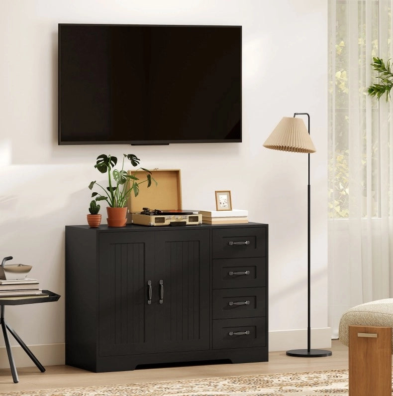 Madia moderna nera con 4 cassetti e 1 anta, 105 x 40 x 76 cm