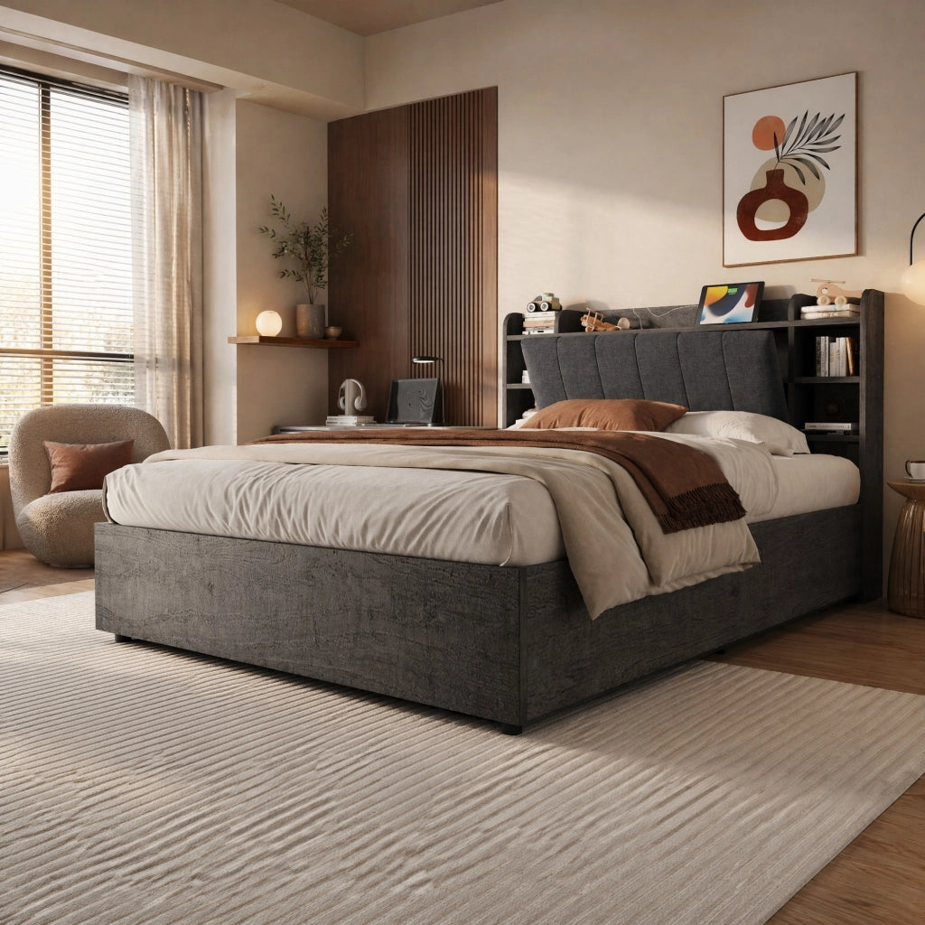 Letto multifunzione 180x200 cm con contenitore idraulico; testiera con vani e presa USB Type-C; grigio