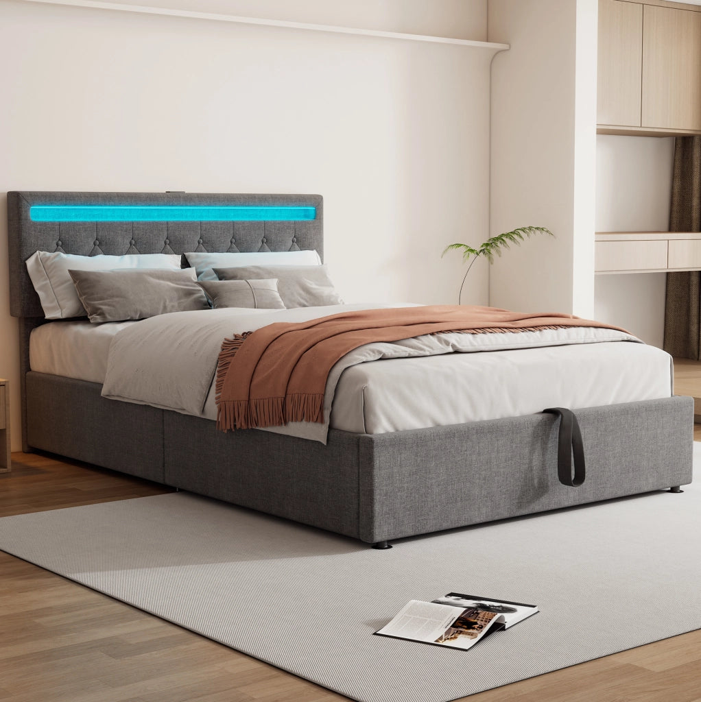Letto imbottito 140 x 200 cm con contenitore idraulico; LED; USB e USB-C; lino grigio