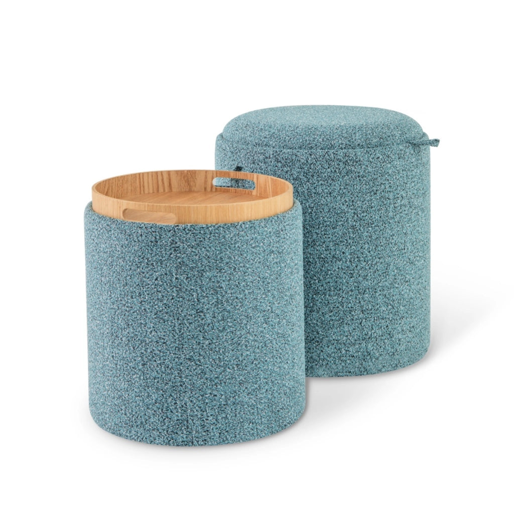 Set di 2 pouf rotondi con vassoio reversibile e stoccaggio nascosto-Pouf contenitore imbottito multifunzionale Blu
