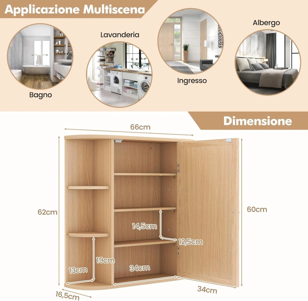 Specchio Bagno Contenitore 66 x 17 x 63 cm, Mobile bagno in Legno Appeso con Mensole Regolabili e Ante, Armadietto Multiuso dei Medicinali per Bagno, Salone e Cucina (Naturale)