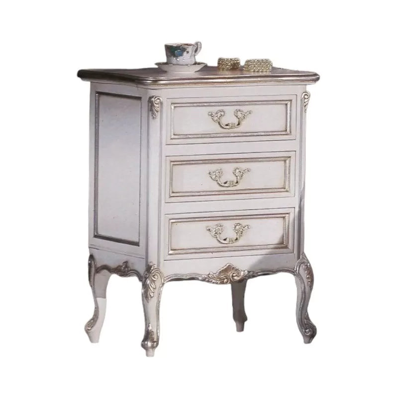 Gruppo cassettiera e comodini 3 cassetti classici legno shabby bianco argento - Mobili 2G
