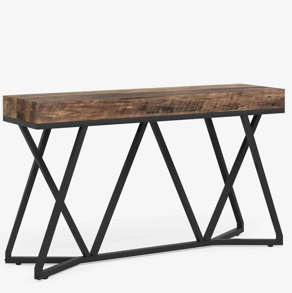 Tavolo consolle 140 x 30 cm in MDF e metallo; nero e marrone rustico