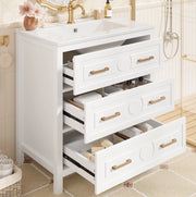 Mobile lavabo freestanding bianco 76,5x47x82 cm in MDF e ceramica con 3 cassetti