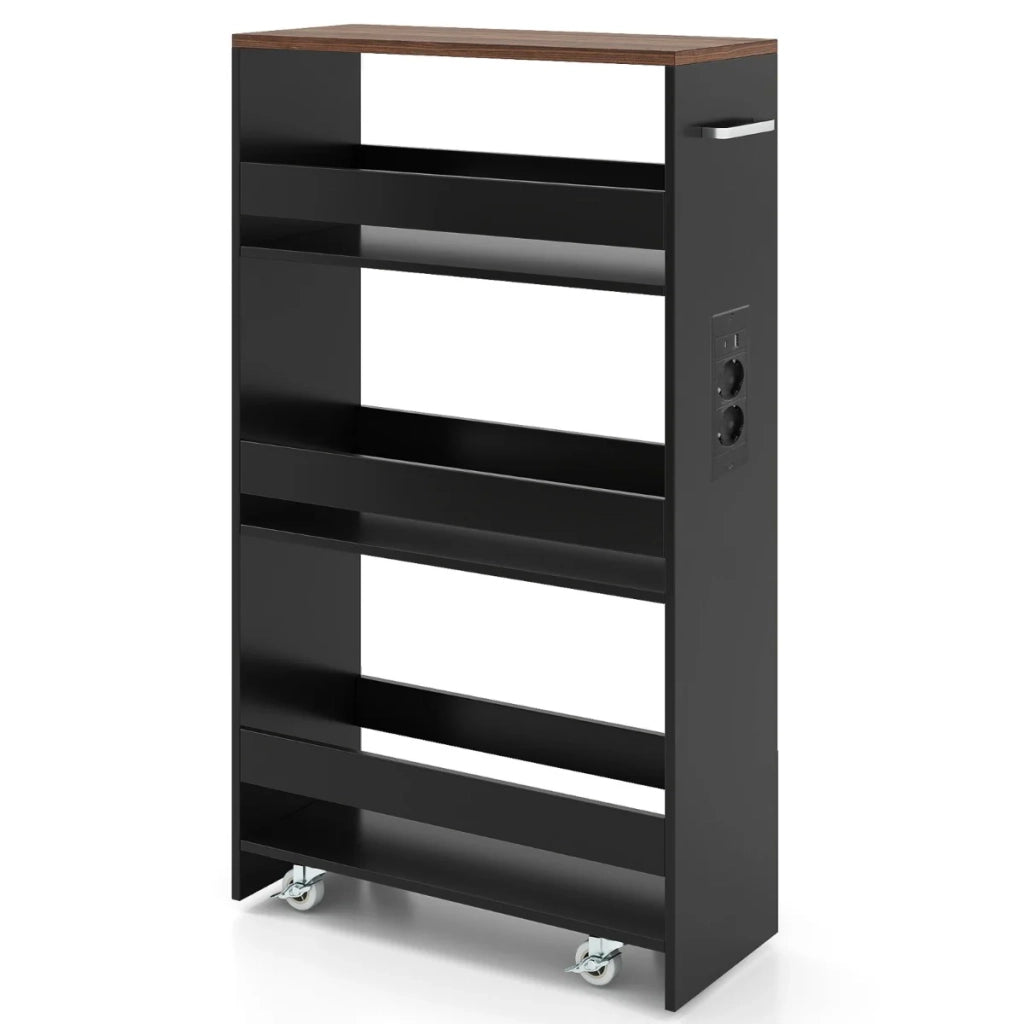 Carrello portaoggetti sottile 47,5 x 20 x 80,5 cm con stazione di ricarica 4 ripiani design moderno in legno ingegnerizzato nero e marrone 20_0018953