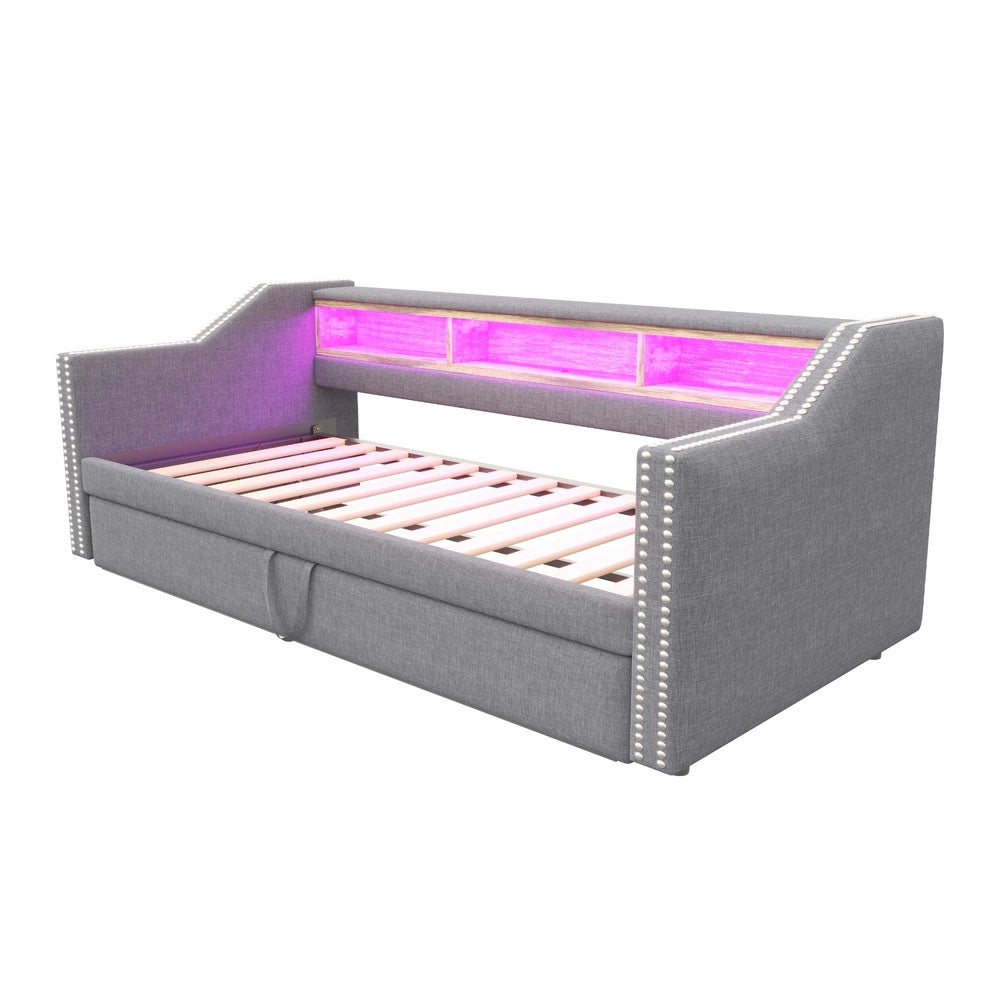 Letto Imbottito Estraibile con Contenitore, LED e USB ¨C MINIMAL ¨C Grigio Chiaro 90/180x190