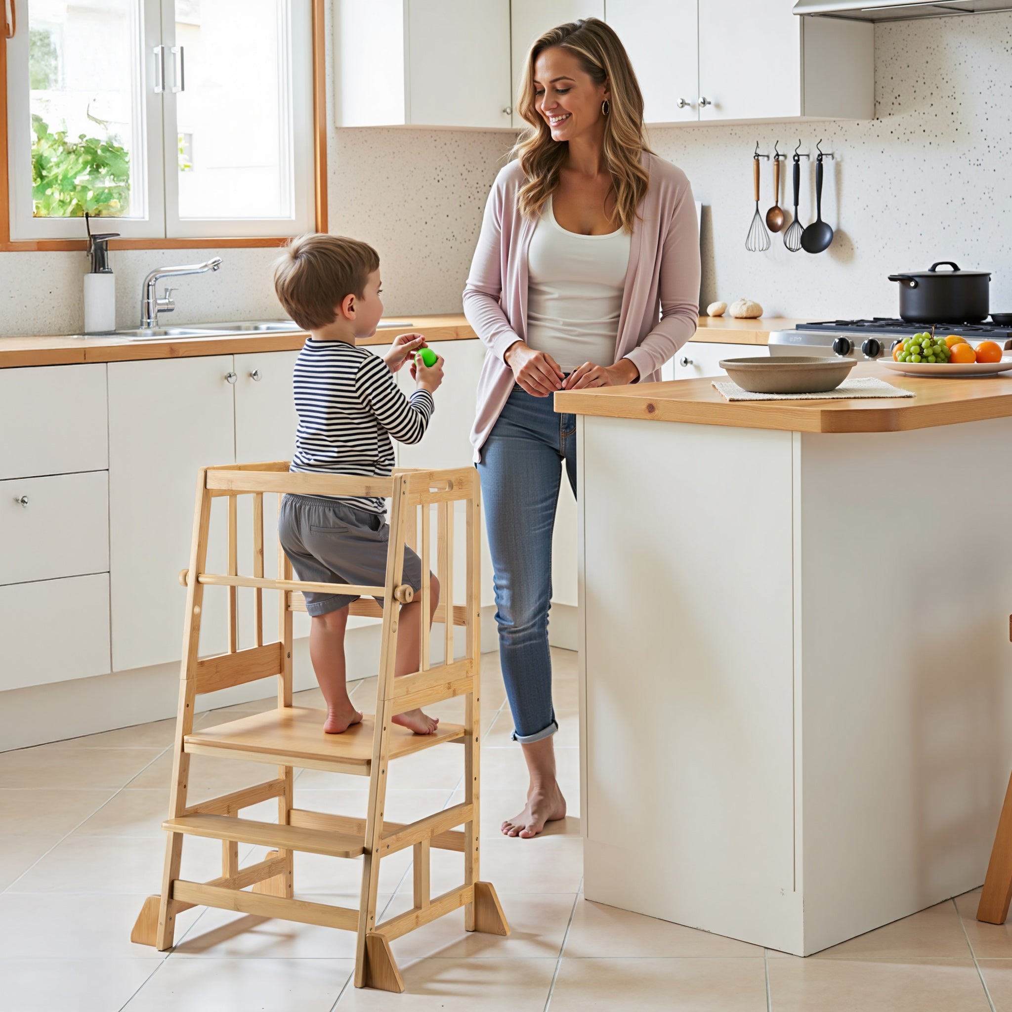 Torre di apprendimento per bambini 57 x 46 x 90 cm in bambù, torretta con ringhiera, sgabello per bambini con barra di protezione
