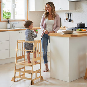 Torre di apprendimento per bambini 57 x 46 x 90 cm in bambù, torretta con ringhiera, sgabello per bambini con barra di protezione