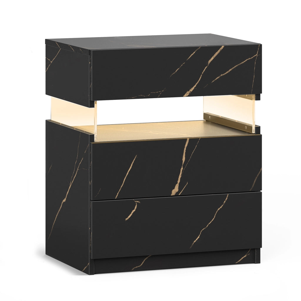 Comodino con 3 cassetti, LED RGB e pannello in acrilico, per camera da letto e soggiorno, nero e oro, 60 × 46 × 22 cm