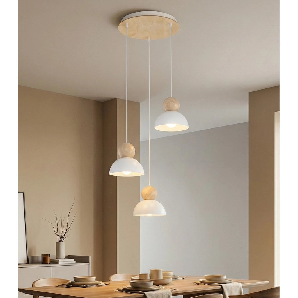 Lampada a sospensione KAKI in acciaio bianco opaco e legno
