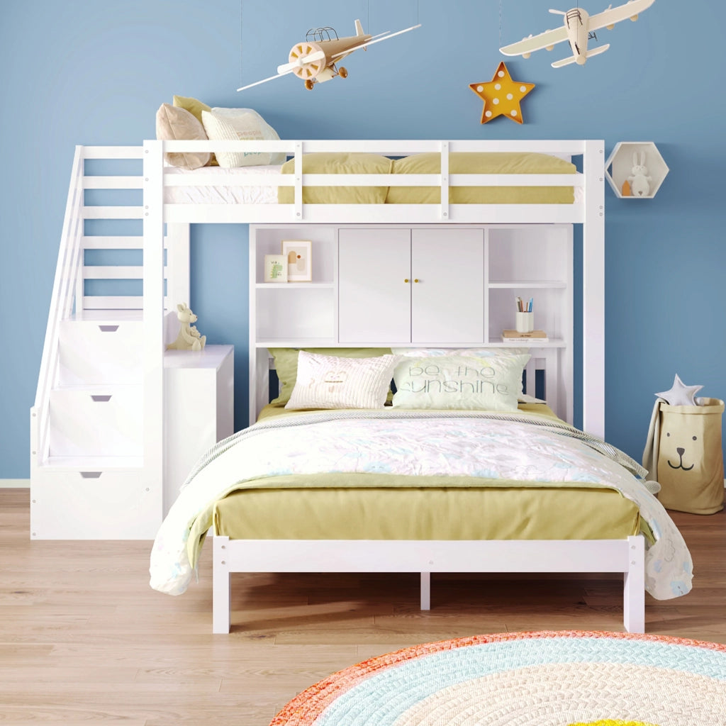 OKWISH Letto a Castello 90×200 cm e 140×200 cm, Letto 3 Posti con Contenitore, Mensole e Tavolino Mobile, senza Materasso, Bianco